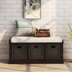Banc de rangement avec 3 paniers en rotin et coussin amovible – Bleu Marine Vieilli / Blanc Délavé / Espresso, 1 place