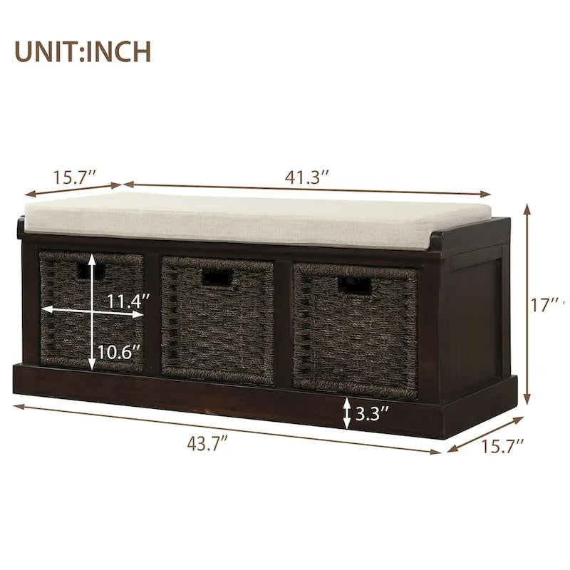 Banc de rangement avec 3 paniers en rotin et coussin amovible – Bleu Marine Vieilli / Blanc Délavé / Espresso, 1 place