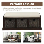 Banc de rangement avec 3 paniers en rotin et coussin amovible – Bleu Marine Vieilli / Blanc Délavé / Espresso, 1 place