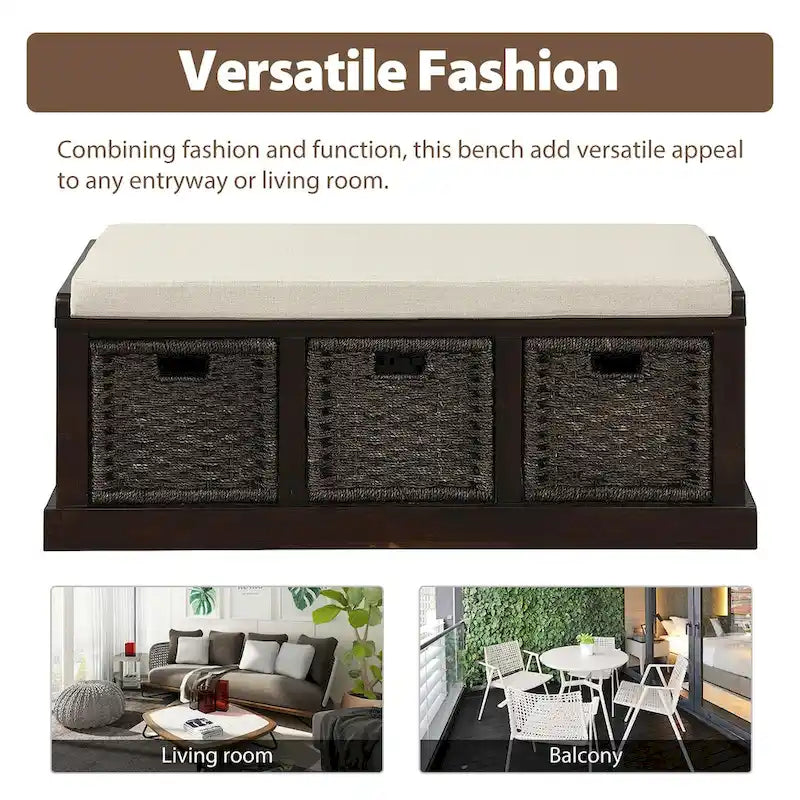 Banc de rangement avec 3 paniers en rotin et coussin amovible – Bleu Marine Vieilli / Blanc Délavé / Espresso, 1 place