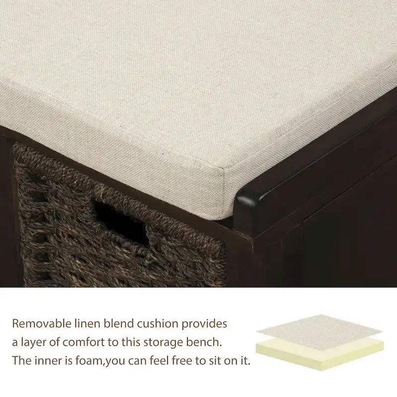 Banc de rangement avec 3 paniers en rotin et coussin amovible – Bleu Marine Vieilli / Blanc Délavé / Espresso, 1 place