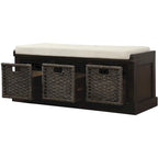Banc de rangement avec 3 paniers en rotin et coussin amovible – Bleu Marine Vieilli / Blanc Délavé / Espresso, 1 place