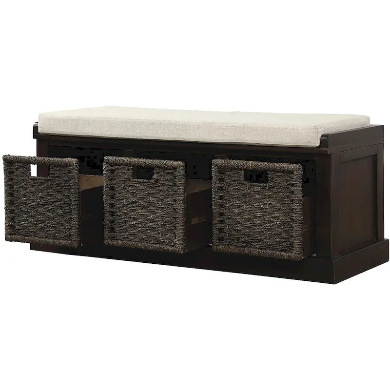 Banc de rangement avec 3 paniers en rotin et coussin amovible – Bleu Marine Vieilli / Blanc Délavé / Espresso, 1 place