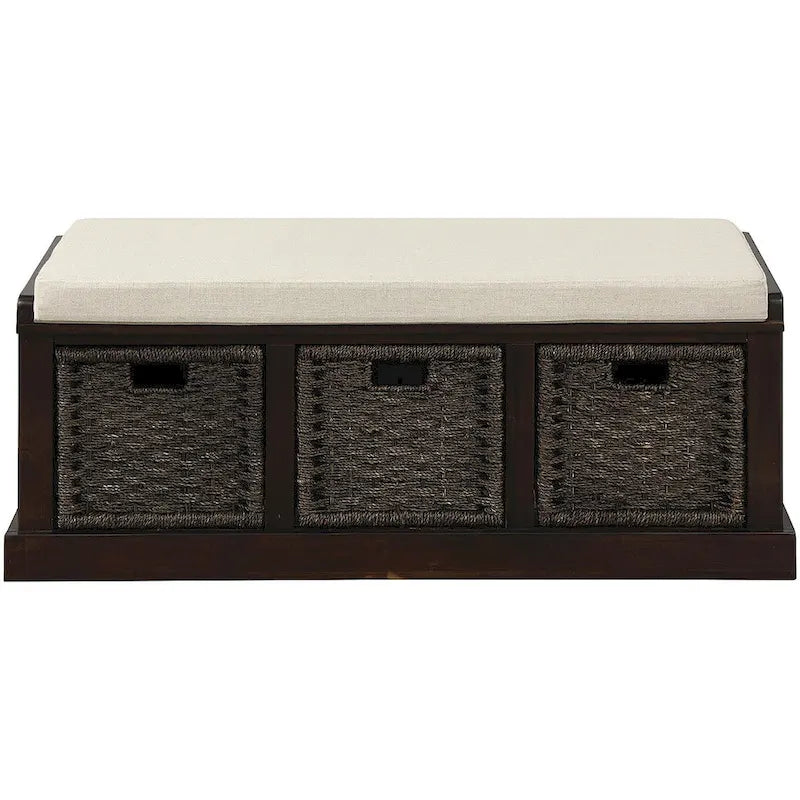 Banc de rangement avec 3 paniers en rotin et coussin amovible – Bleu Marine Vieilli / Blanc Délavé / Espresso, 1 place