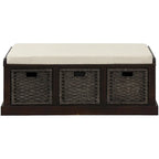 Banc de rangement avec 3 paniers en rotin et coussin amovible – Bleu Marine Vieilli / Blanc Délavé / Espresso, 1 place