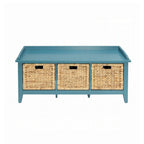 Banc de rangement en bois bleu avec 3 paniers en rotin, 1 place
