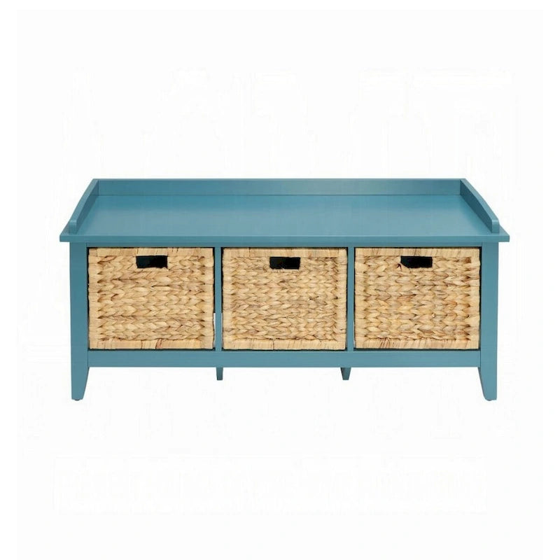 Banc de rangement en bois bleu avec 3 paniers en rotin, 1 place