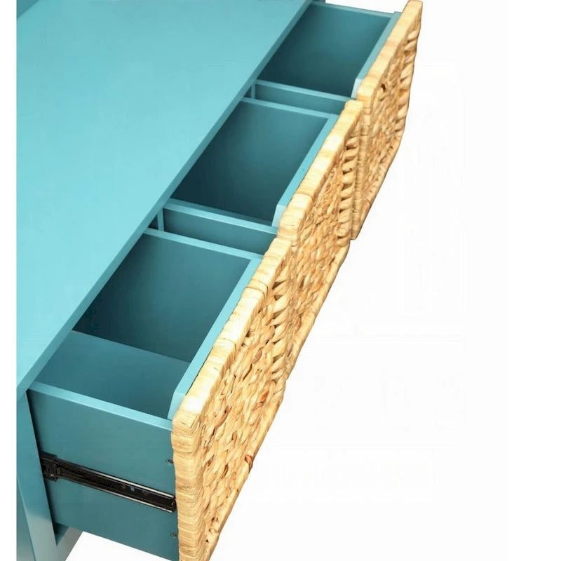 Banc de rangement en bois bleu avec 3 paniers en rotin, 1 place
