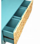 Banc de rangement en bois bleu avec 3 paniers en rotin, 1 place