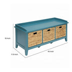 Banc de rangement en bois bleu avec 3 paniers en rotin, 1 place