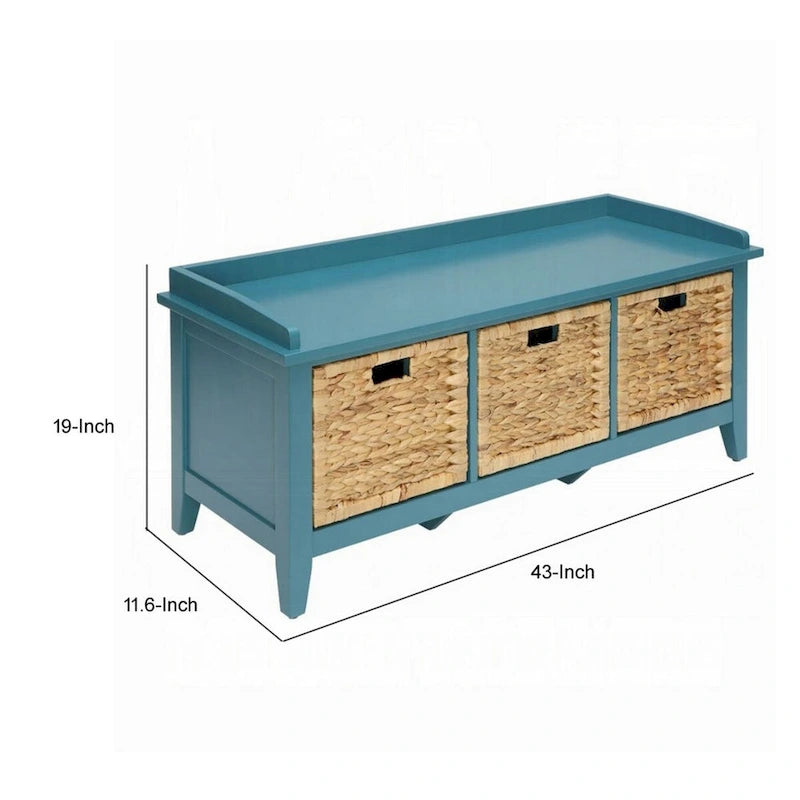 Banc de rangement en bois bleu avec 3 paniers en rotin, 1 place