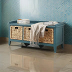 Banc de rangement en bois bleu avec 3 paniers en rotin, 1 place