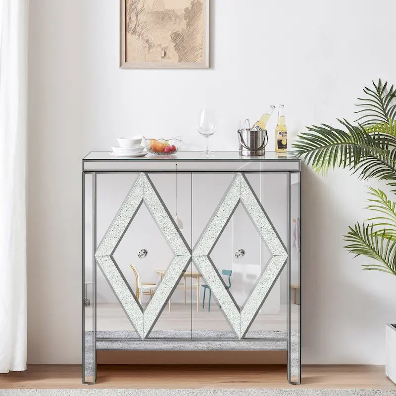 Armoire de rangement à 2 portes Argent/Gris – Garniture miroir, Motif diamant