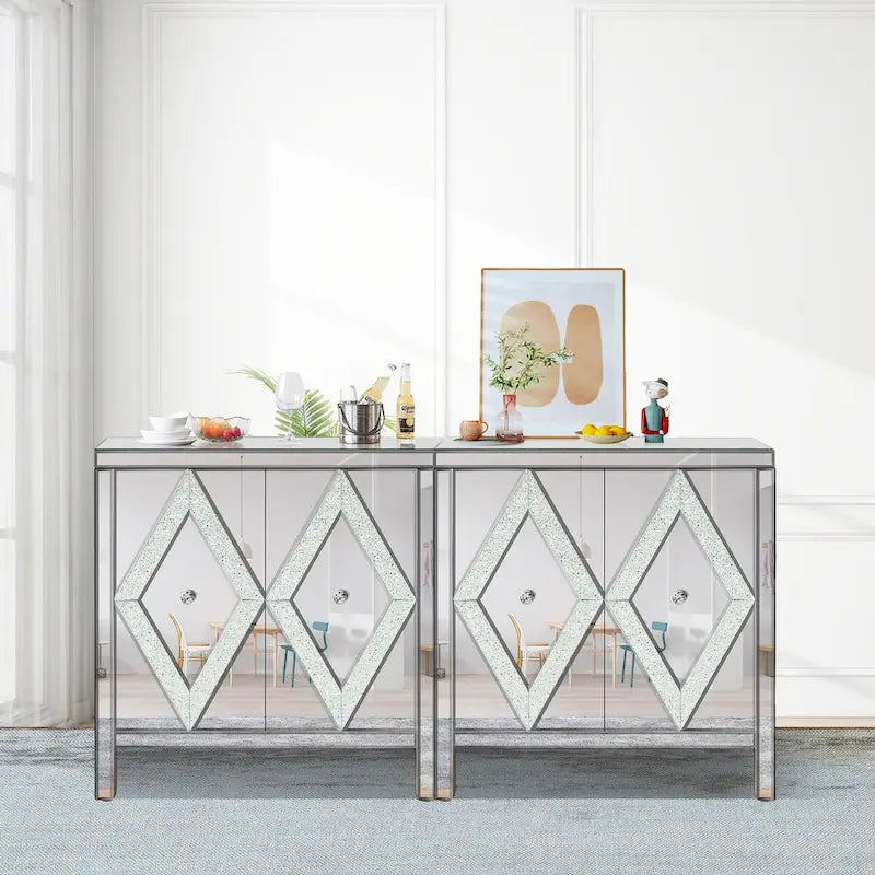Armoire de rangement à 2 portes Argent/Gris – Garniture miroir, Motif diamant