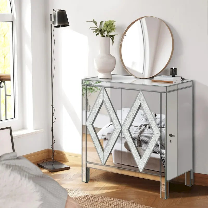 Armoire de rangement à 2 portes Argent/Gris – Garniture miroir, Motif diamant