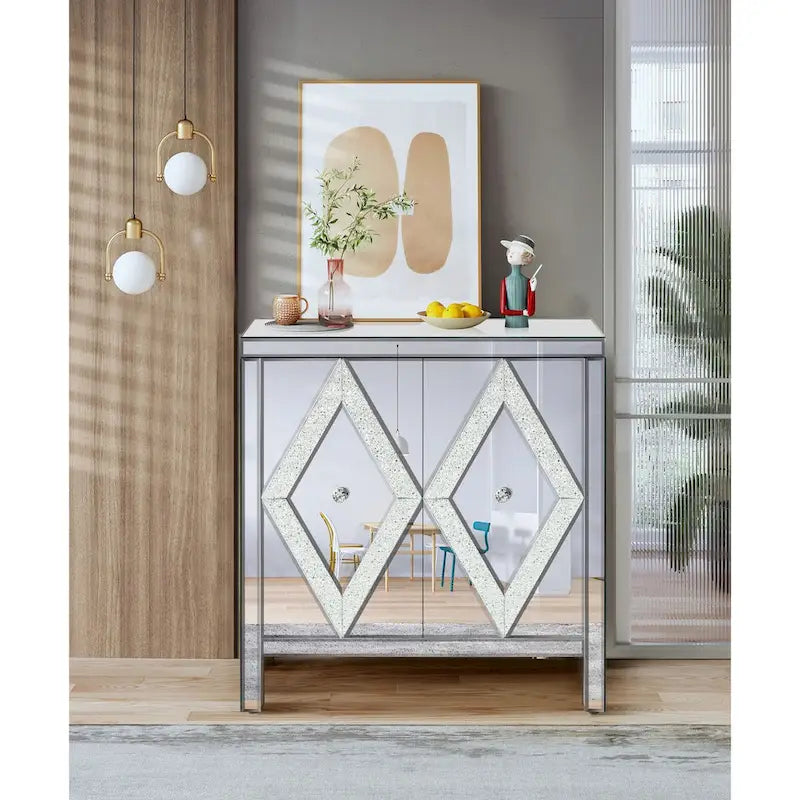 Armoire de rangement à 2 portes Argent/Gris – Garniture miroir, Motif diamant