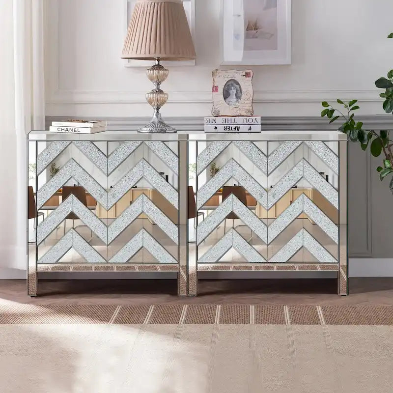 Armoire de rangement à 2 portes Argent/Gris – Garniture miroir, Motif diamant