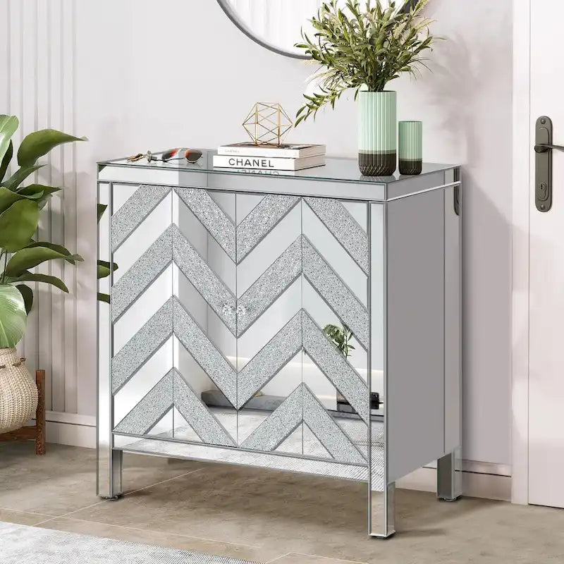 Armoire de rangement à 2 portes Argent/Gris – Garniture miroir, Motif diamant
