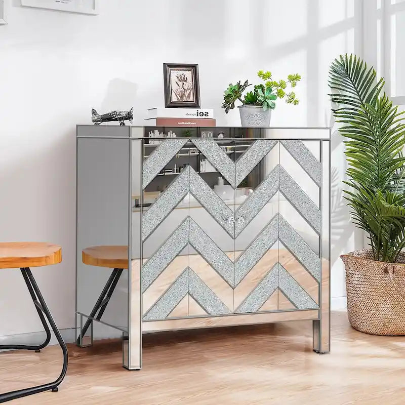Armoire de rangement à 2 portes Argent/Gris – Garniture miroir, Motif diamant