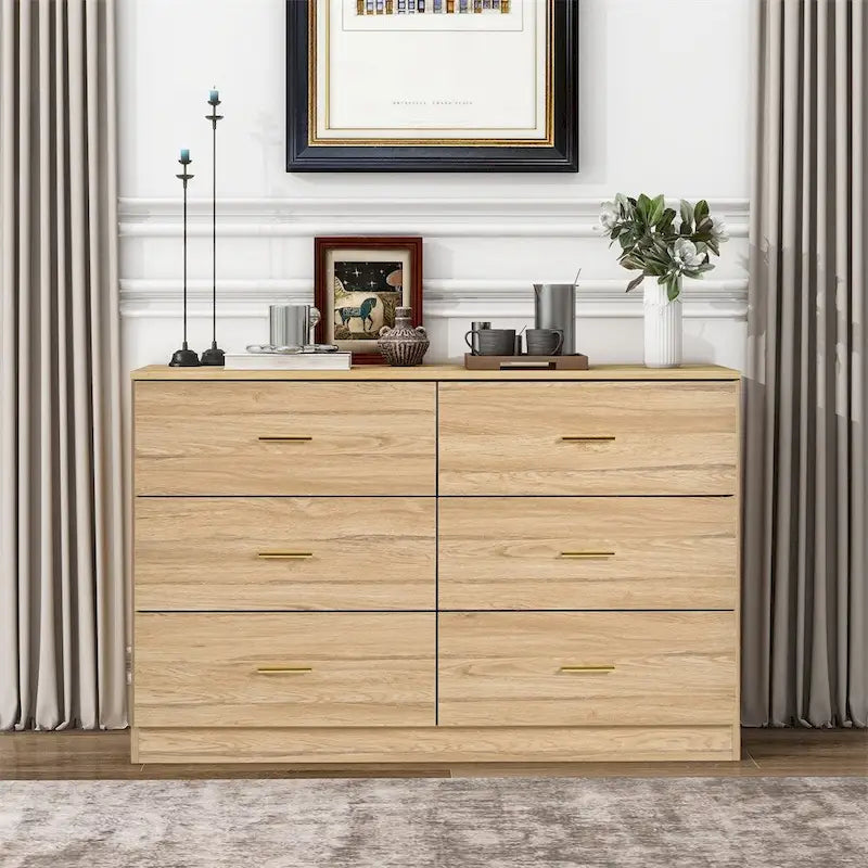 Commode 6 tiroirs naturelle avec poignées dorées, style moderne, simple