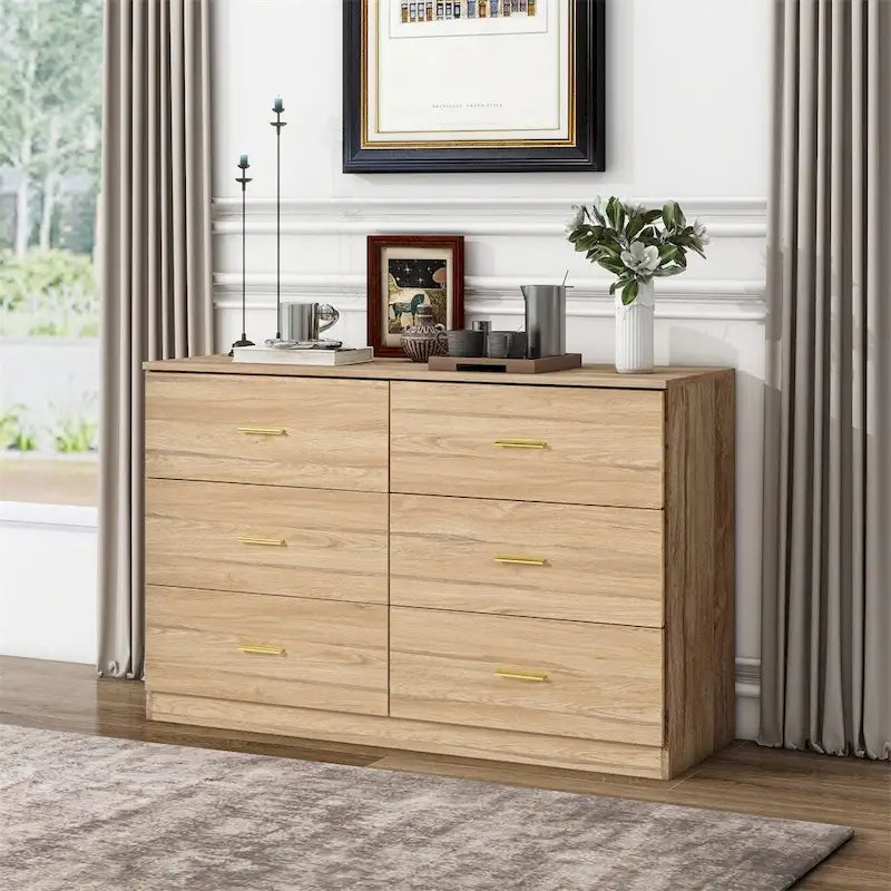 Commode 6 tiroirs naturelle avec poignées dorées, style moderne, simple