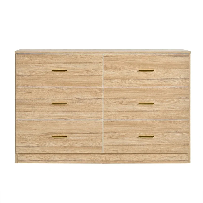 Commode 6 tiroirs naturelle avec poignées dorées, style moderne, simple