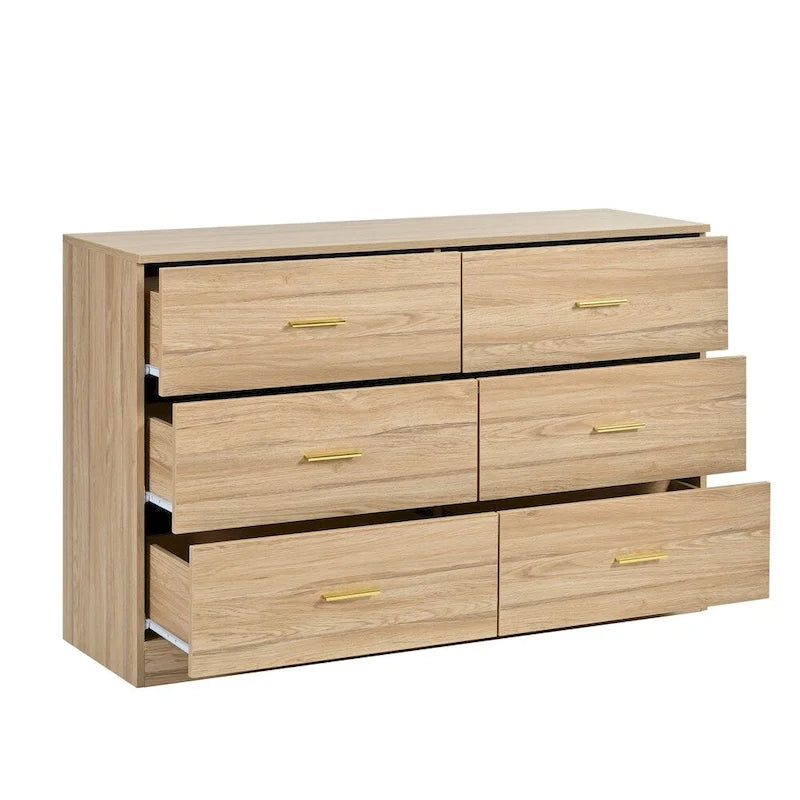 Commode 6 tiroirs naturelle avec poignées dorées, style moderne, simple