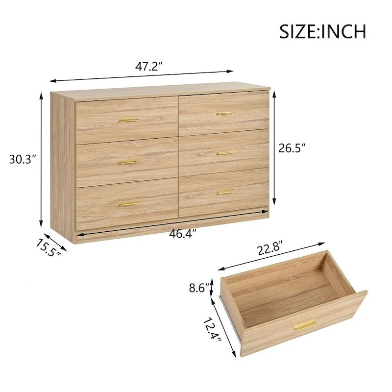 Commode 6 tiroirs naturelle avec poignées dorées, style moderne, simple