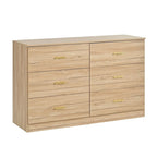 Commode 6 tiroirs naturelle avec poignées dorées, style moderne, simple
