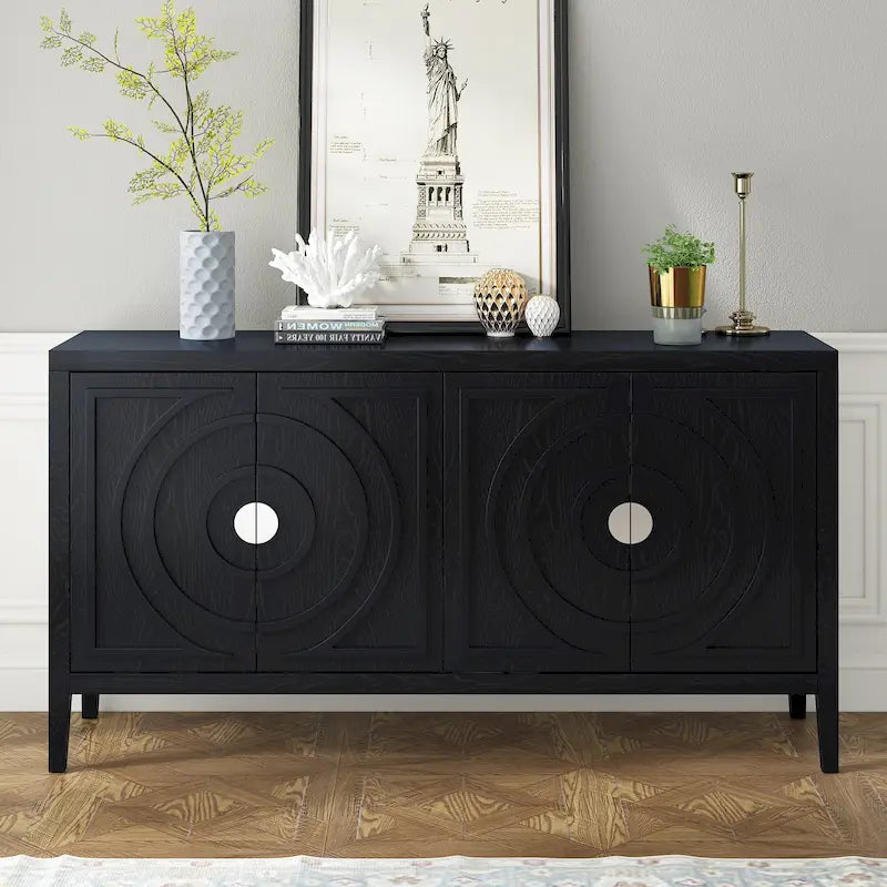 Buffet rétro 4 portes, Noir / Gris / Bleu antique / Blanc, Meuble de rangement pour 2 personnes