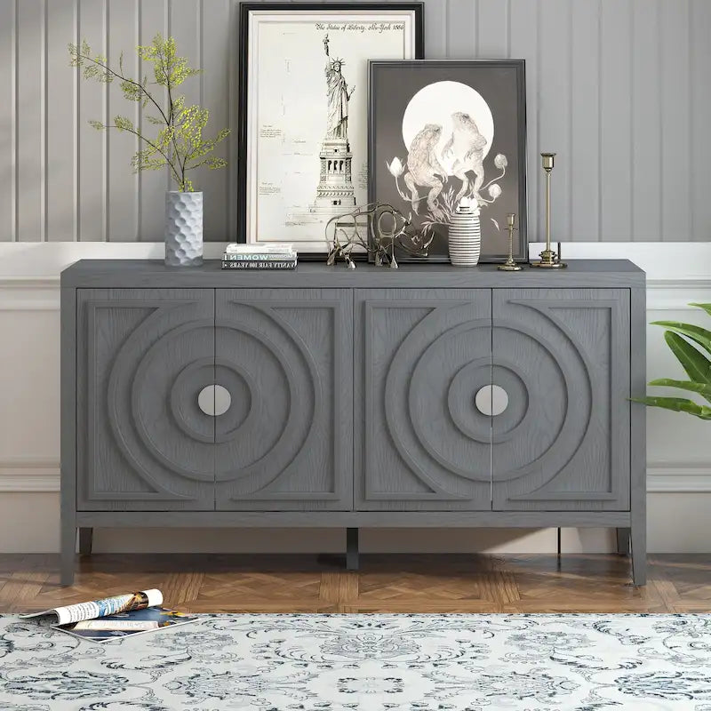 Buffet rétro 4 portes, Noir / Gris / Bleu antique / Blanc, Meuble de rangement pour 2 personnes