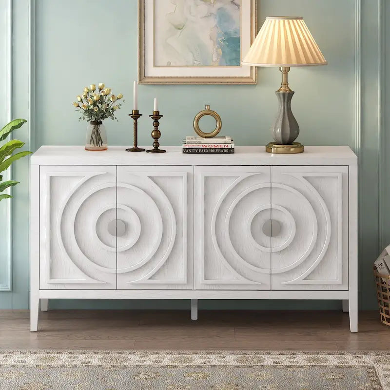 Buffet rétro 4 portes, Noir / Gris / Bleu antique / Blanc, Meuble de rangement pour 2 personnes
