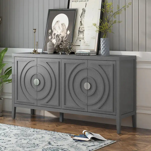 Buffet rétro 4 portes, Noir / Gris / Bleu antique / Blanc, Meuble de rangement pour 2 personnes