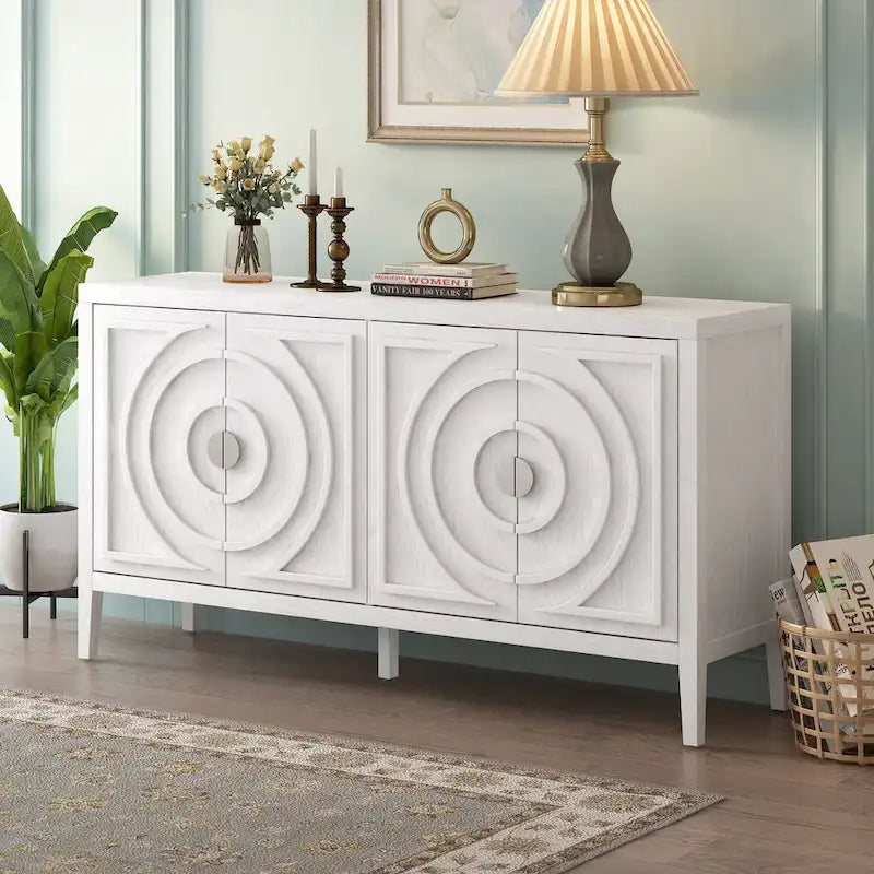 Buffet rétro 4 portes, Noir / Gris / Bleu antique / Blanc, Meuble de rangement pour 2 personnes