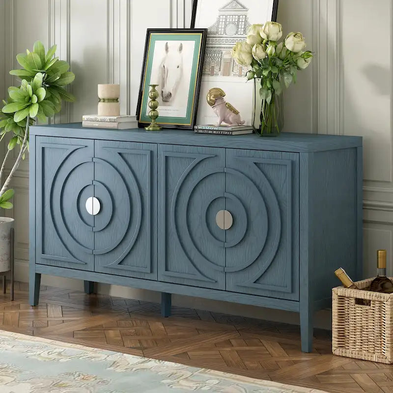 Buffet rétro 4 portes, Noir / Gris / Bleu antique / Blanc, Meuble de rangement pour 2 personnes