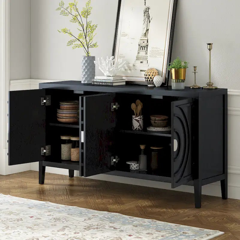 Buffet rétro 4 portes, Noir / Gris / Bleu antique / Blanc, Meuble de rangement pour 2 personnes