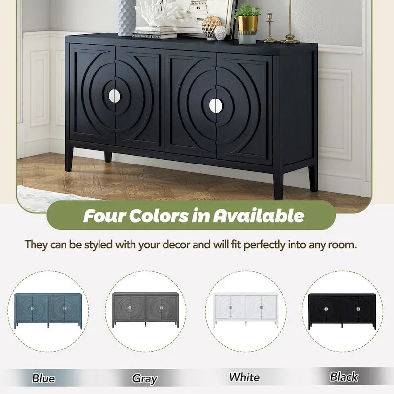 Buffet rétro 4 portes, Noir / Gris / Bleu antique / Blanc, Meuble de rangement pour 2 personnes