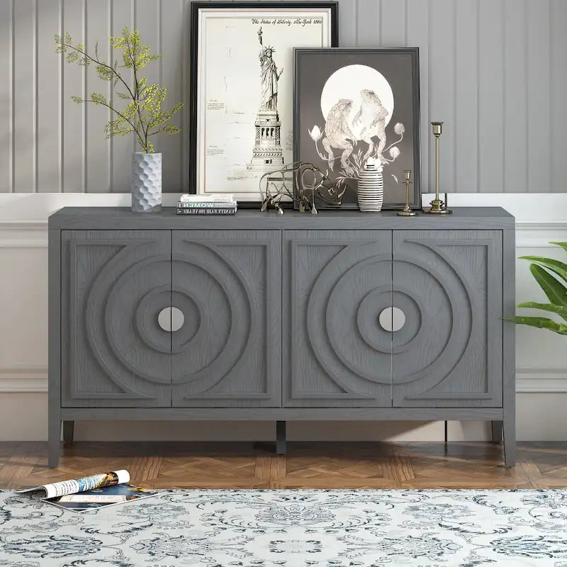 Buffet rétro 4 portes, Noir / Gris / Bleu antique / Blanc, Meuble de rangement pour 2 personnes