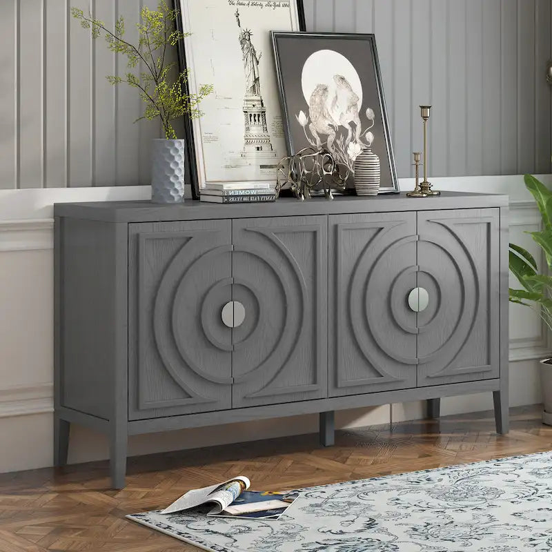 Buffet rétro 4 portes, Noir / Gris / Bleu antique / Blanc, Meuble de rangement pour 2 personnes