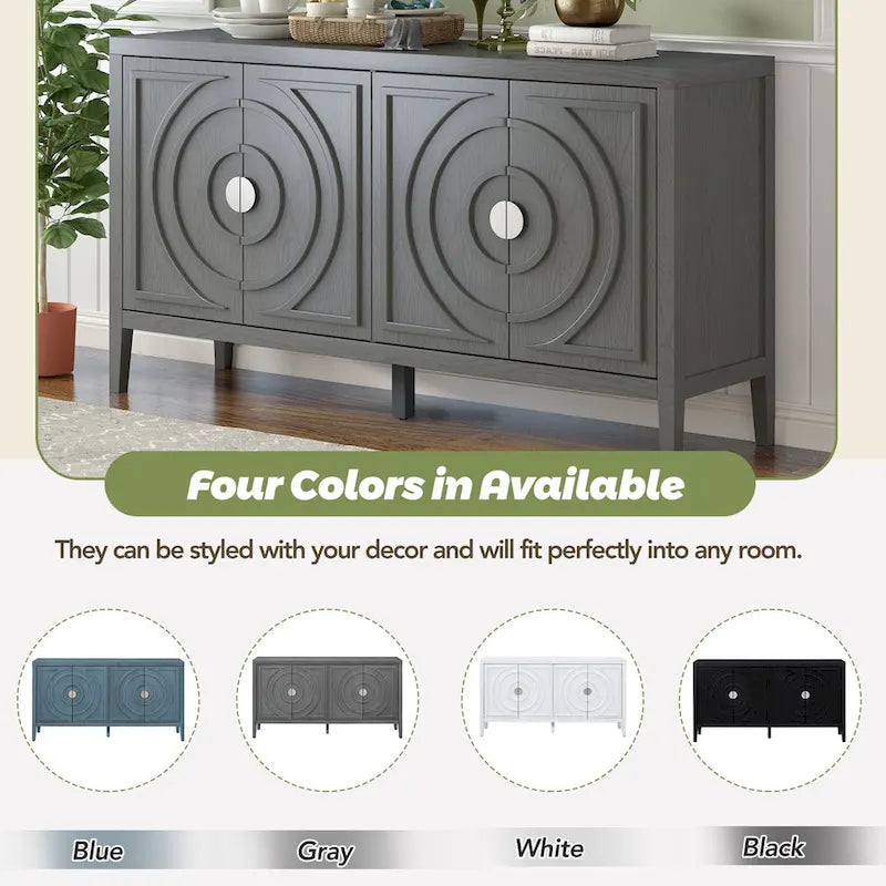 Buffet rétro 4 portes, Noir / Gris / Bleu antique / Blanc, Meuble de rangement pour 2 personnes