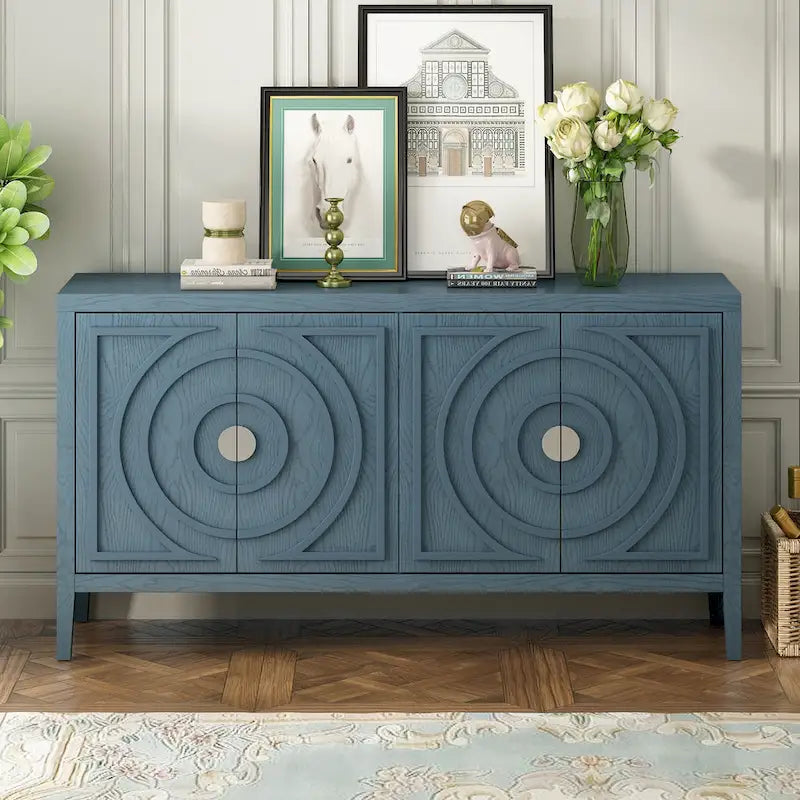 Buffet rétro 4 portes, Noir / Gris / Bleu antique / Blanc, Meuble de rangement pour 2 personnes