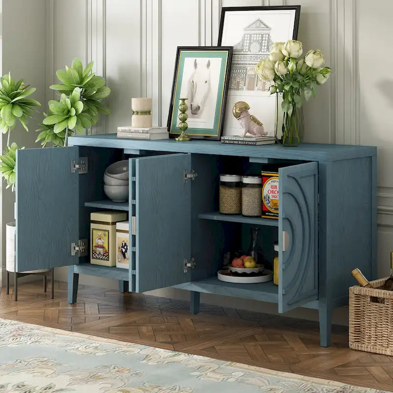 Buffet rétro 4 portes, Noir / Gris / Bleu antique / Blanc, Meuble de rangement pour 2 personnes