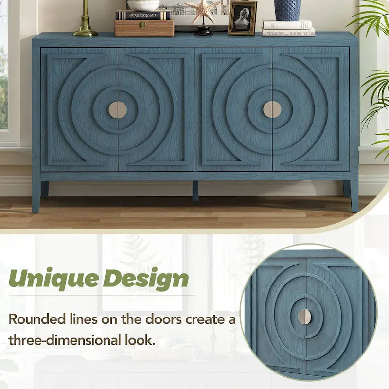 Buffet rétro 4 portes, Noir / Gris / Bleu antique / Blanc, Meuble de rangement pour 2 personnes