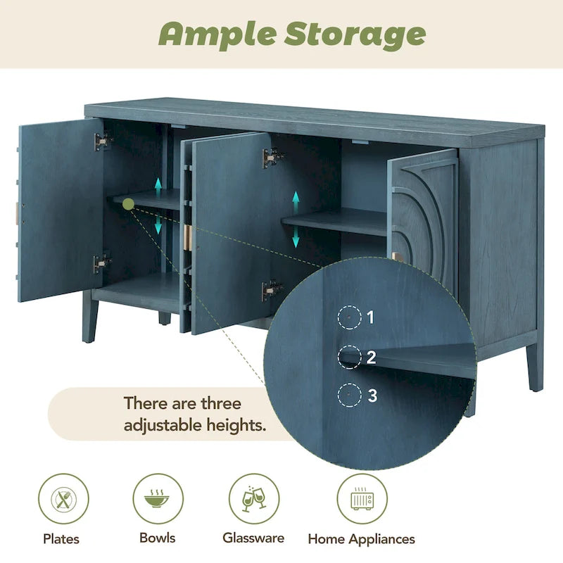 Buffet rétro 4 portes, Noir / Gris / Bleu antique / Blanc, Meuble de rangement pour 2 personnes