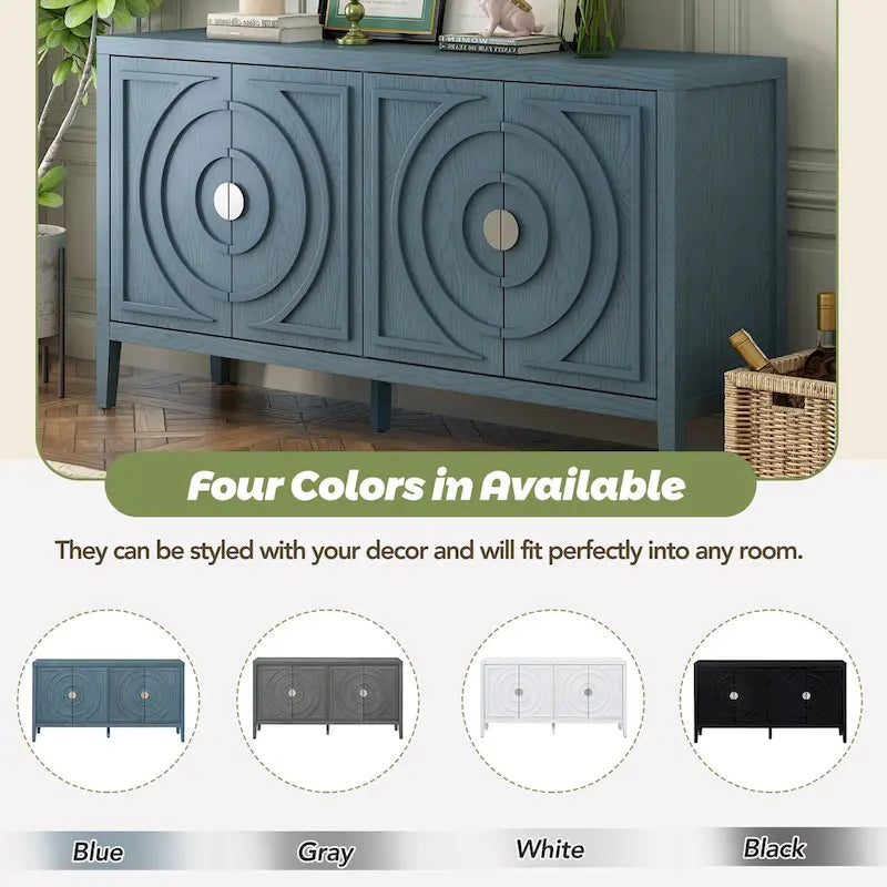 Buffet rétro 4 portes, Noir / Gris / Bleu antique / Blanc, Meuble de rangement pour 2 personnes