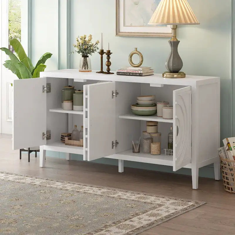 Buffet rétro 4 portes, Noir / Gris / Bleu antique / Blanc, Meuble de rangement pour 2 personnes