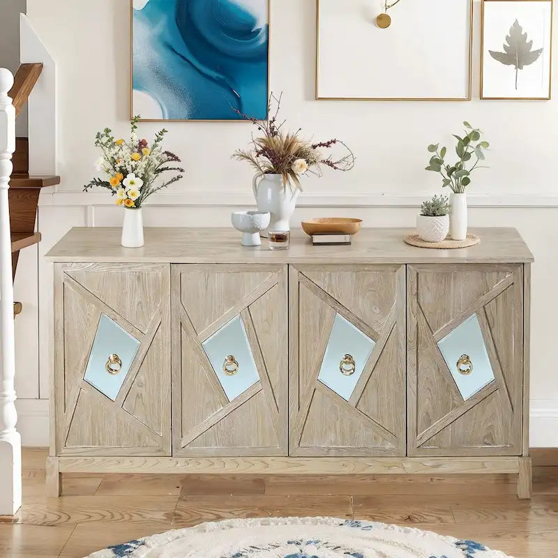 Bahut à 4 portes avec miroir – Gris / Bois