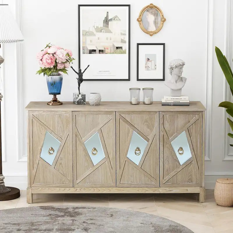 Bahut à 4 portes avec miroir – Gris / Bois