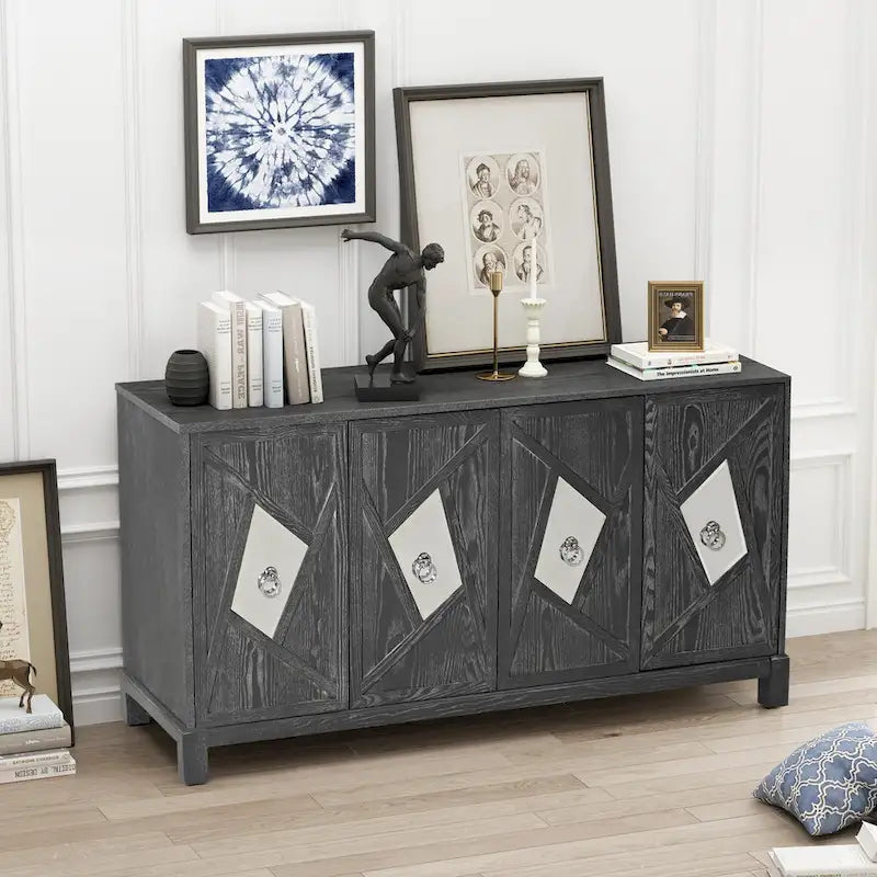 Bahut à 4 portes avec miroir – Gris / Bois