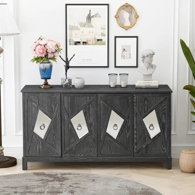 Bahut à 4 portes avec miroir – Gris / Bois